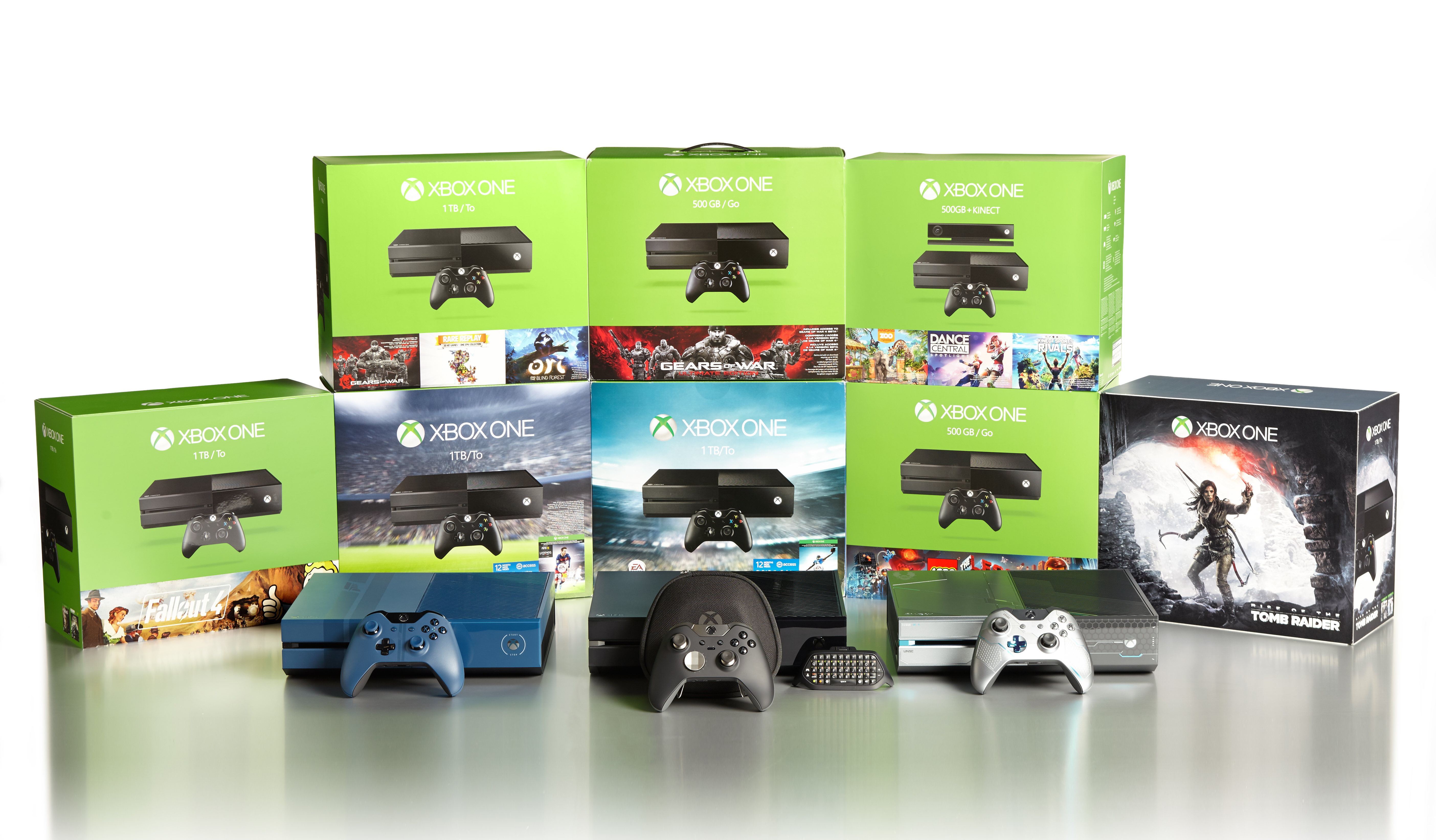 Group shot of Xbox One bundles with Chatpad