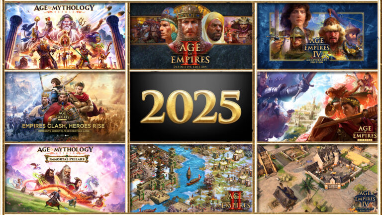 Das Bild zeigt eine bunte Collage von Spielcovern aus der Age of Empires- und Age of Mythology-Reihe, die verschiedene historische und mythologische Szenen mit Kriegern, Göttern und epischen Schlachten darstellen. Im Zentrum des Bildes steht prominent die goldene Jahreszahl "2025" auf einem dunklen Hintergrund. Die Bilder sind von dynamischen Kampfszenen, detailreichen Karten und strategischen Spielszenarien geprägt, die auf neue Veröffentlichungen der beliebten Strategiespiele hinweisen.
