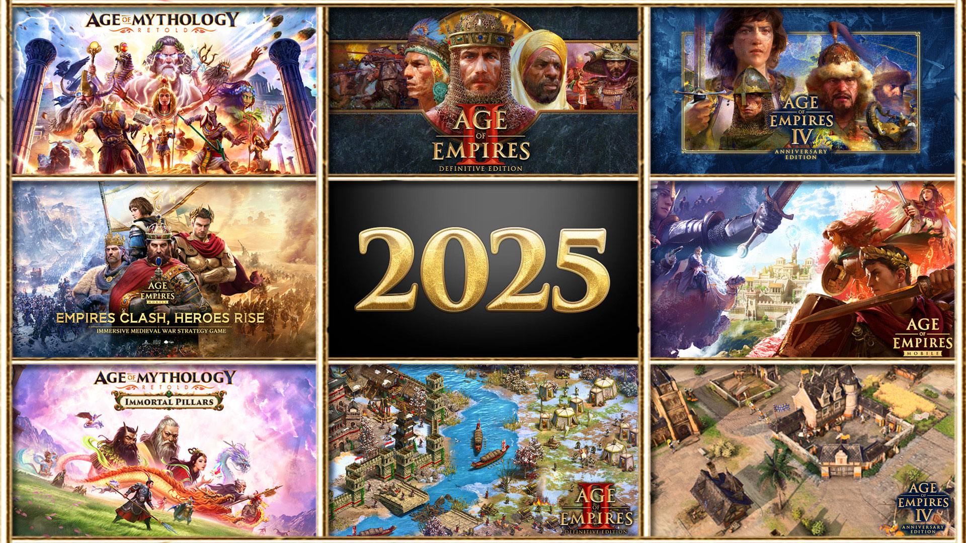 Das Bild zeigt eine bunte Collage von Spielcovern aus der Age of Empires- und Age of Mythology-Reihe, die verschiedene historische und mythologische Szenen mit Kriegern, Göttern und epischen Schlachten darstellen. Im Zentrum des Bildes steht prominent die goldene Jahreszahl "2025" auf einem dunklen Hintergrund. Die Bilder sind von dynamischen Kampfszenen, detailreichen Karten und strategischen Spielszenarien geprägt, die auf neue Veröffentlichungen der beliebten Strategiespiele hinweisen.