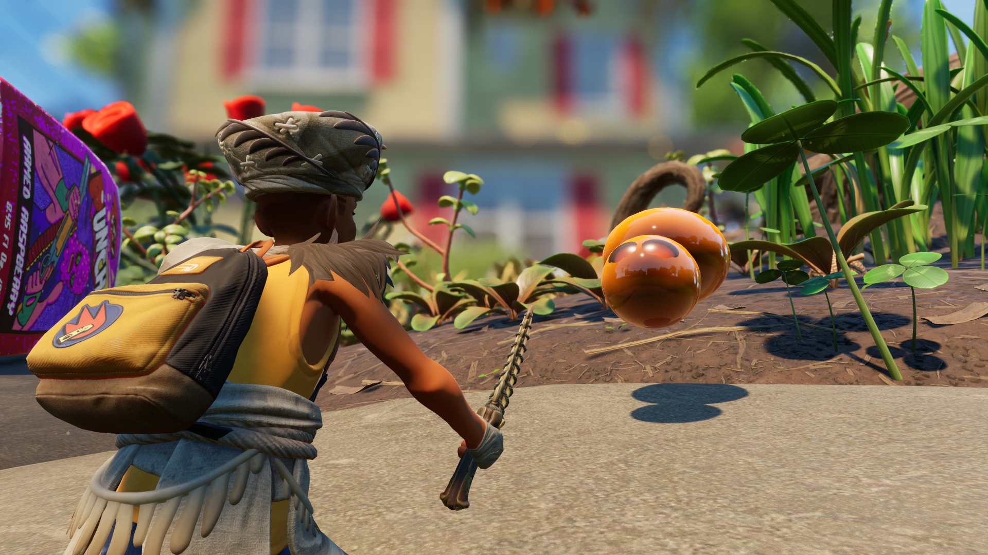 Das Bild zeigt, wie eine Riesenspinne aussieht, wenn der Arachnophobie-Modus von Grounded vollständig aktiviert ist. Sie erscheint als kreisförmiger Klecks mit zwei Augen und ohne Beine.