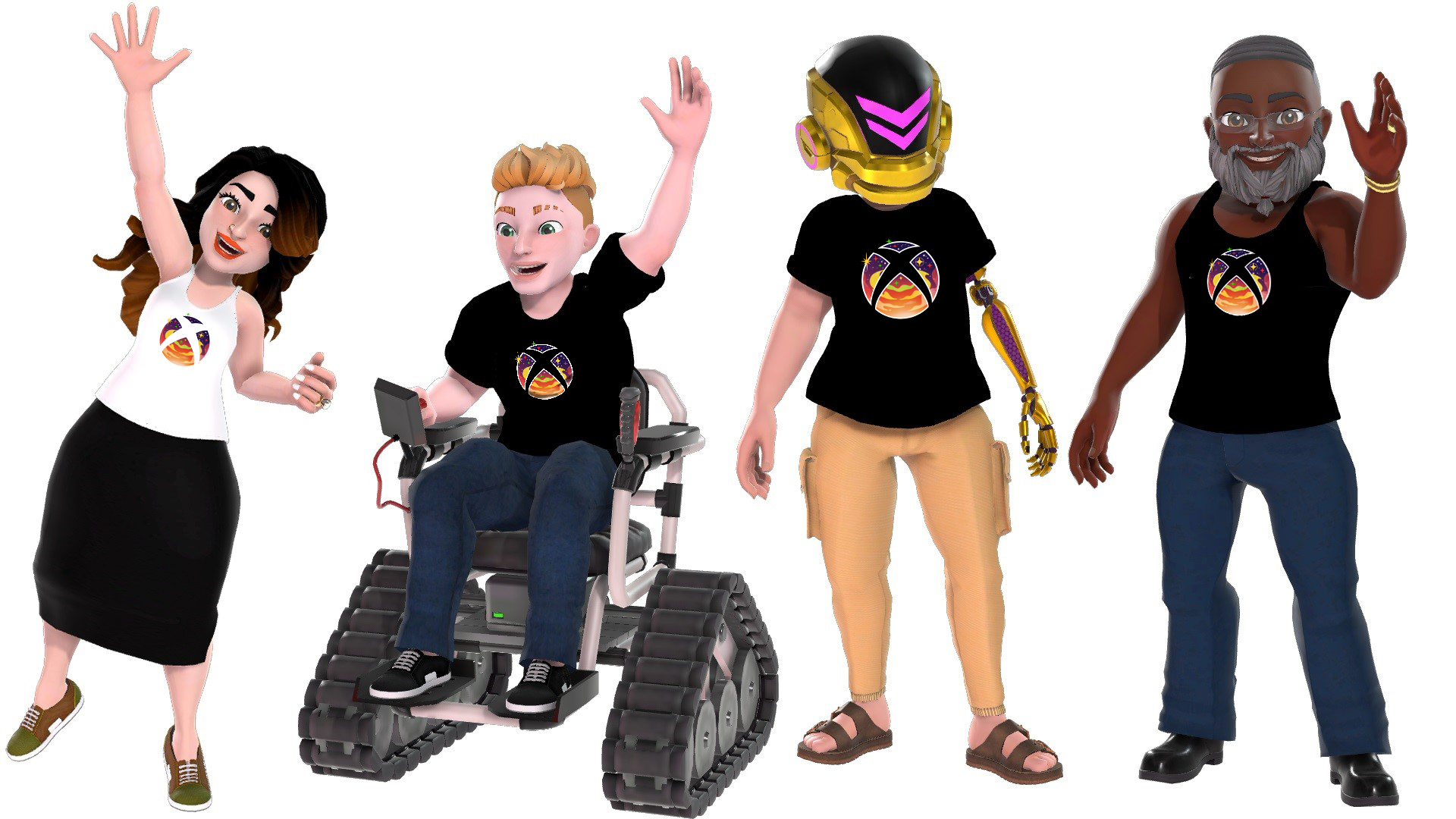 Vier verschiedene Avatar-Charaktere, die zur Feier des Black History Month den Xbox-Nexus auf ihrem Oberteil tragen. Im Nexus selbst ist ein Sonnenuntergang abgebildet.