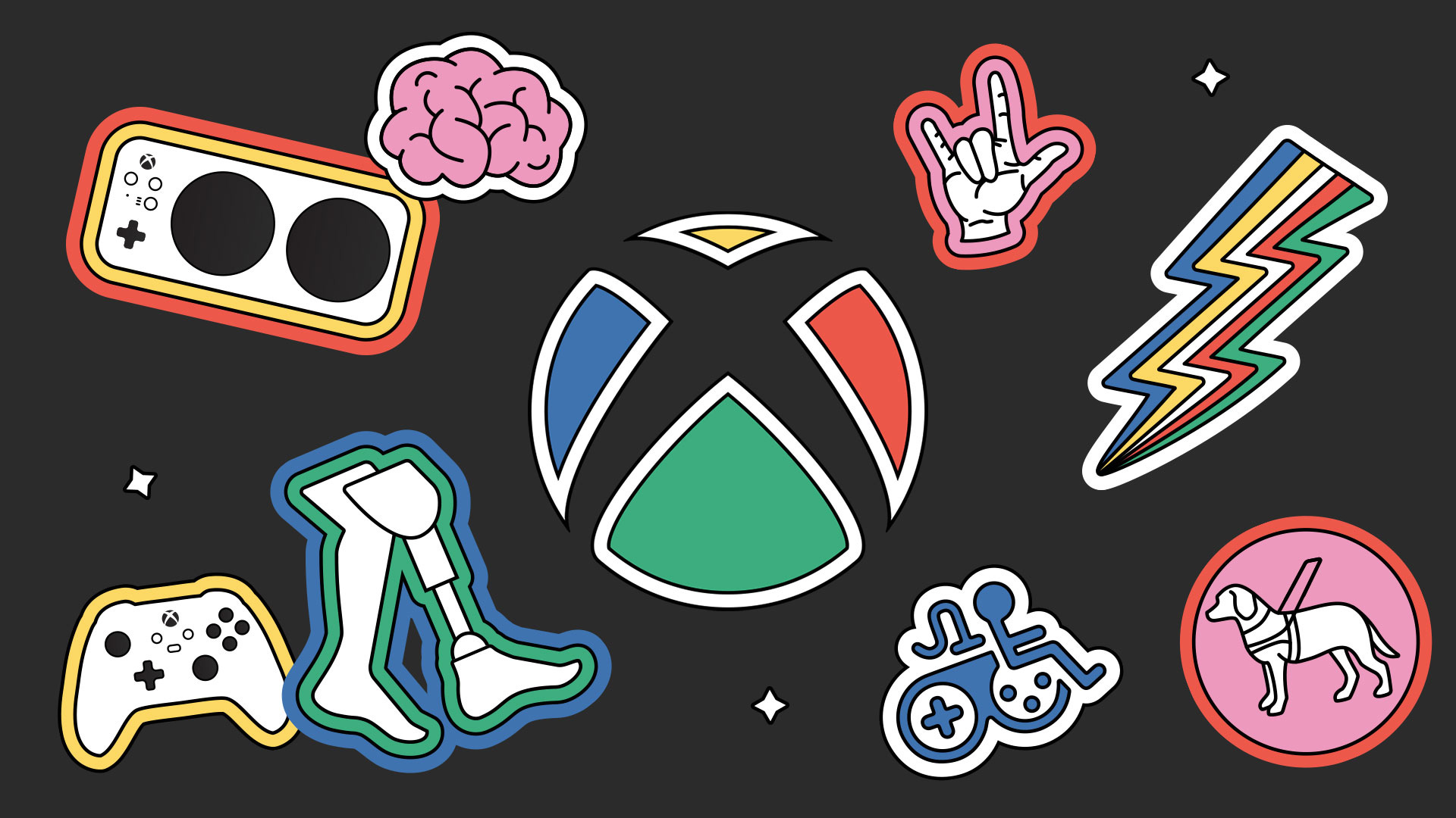 Ein stilisiertes Xbox-Logo zur Unterstützung der Gaming & Disability Community mit schwarzem Hintergrund und verschiedenen Symbolen.