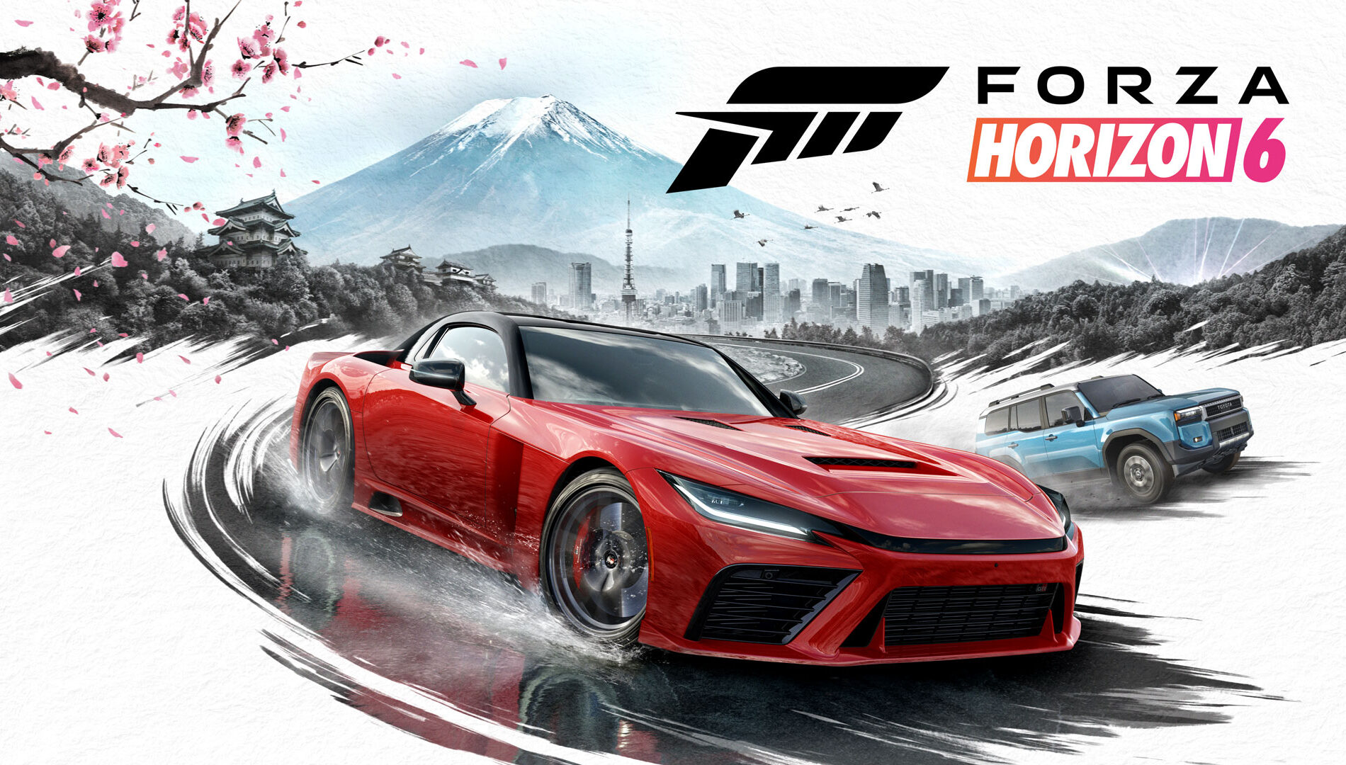 Key Art zu „Forza Horizon 6“ mit einem roten Sportwagen, der auf einer kurvigen Straße driftet und Wasserspritzer hinterlässt, einem blauen SUV, der dahinter fährt, sowie einem stilisierten, japanisch inspirierten Hintergrund mit dem Fuji, Kirschblüten, Burgen und einer modernen Stadt-Skyline. Die Logos von „Forza“ und „Forza Horizon 6“ erscheinen oben rechts.