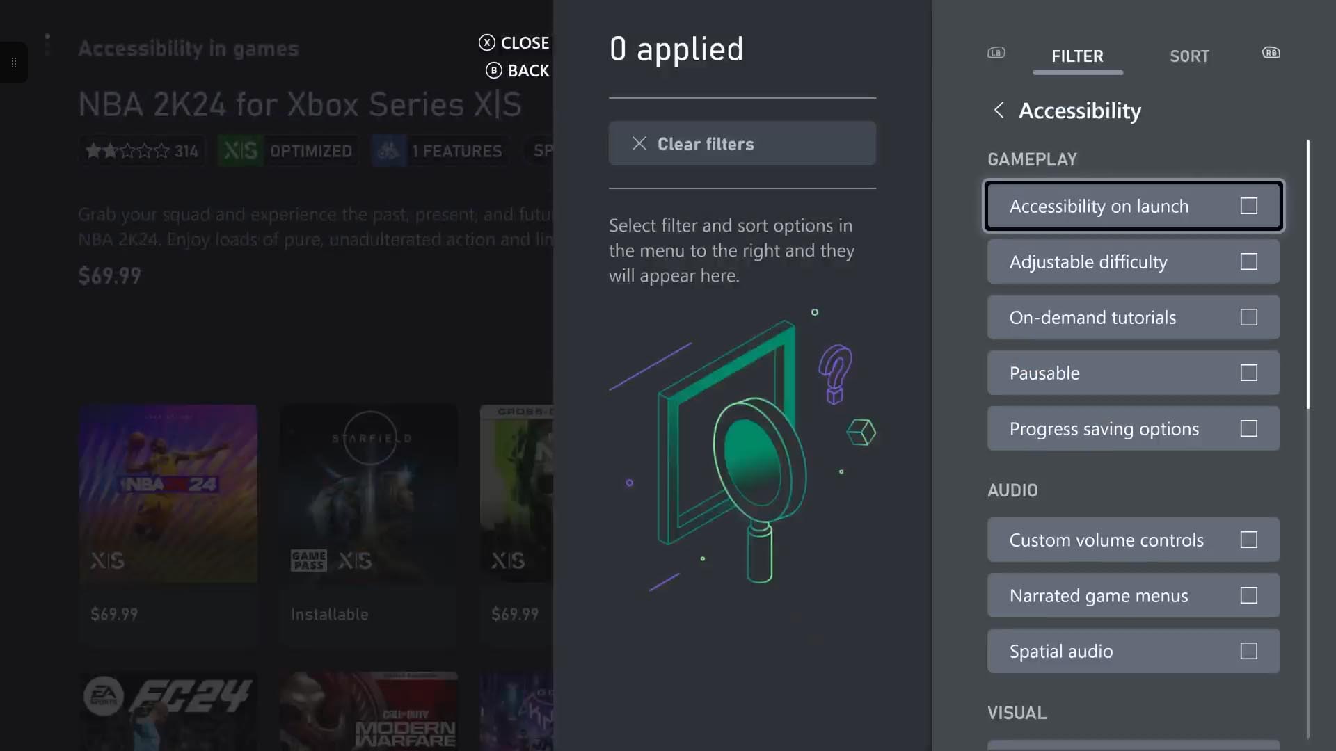 ALT TEXT: Der Kanal "Barrierefreiheit in Spielen" wird auf einer Xbox-Konsole mit Reihen von kleinen Symbolen angezeigt, die verschiedene Spiele auf der Xbox darstellen, die über Xbox Accessibility Feature Tags verfügen.