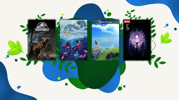 Bild mit vier beliebten Videospielen: Jurassic World Evolution, SubNautica: Below Zero, Craftopia und Fe.