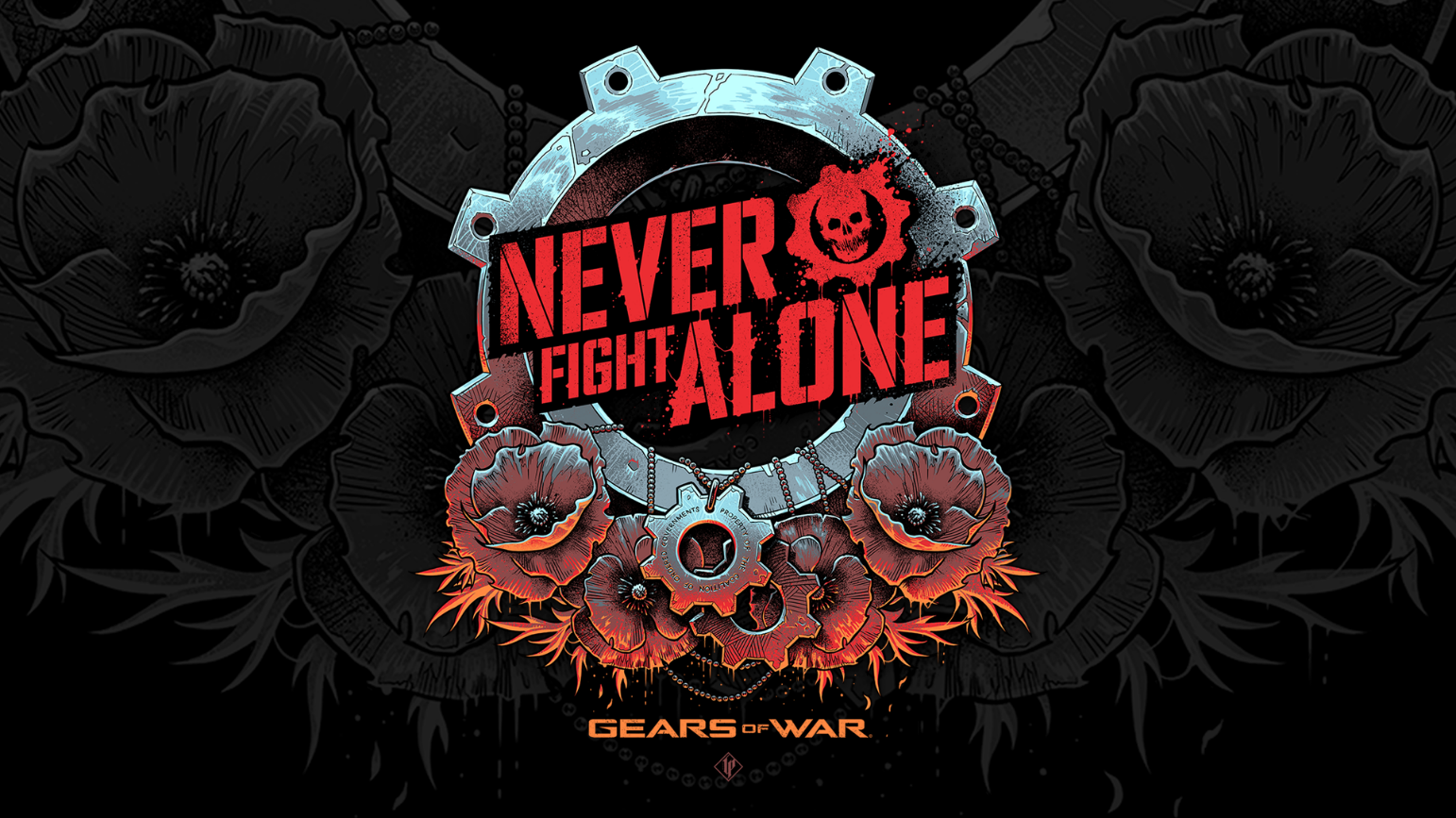 Ein silbernes Metallgetriebe und rote Mohnblumen mit dem Text "Never Fight Alone" in Rot und einem roten Totenkopf auf schwarzem, strukturiertem Hintergrund.