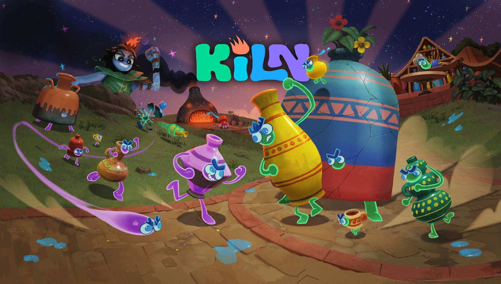 Kiln-Key-Art, die animierte Keramiktöpfe und Vasen mit ausdrucksstarken Gesichtern zeigt, die durch eine skurrile nächtliche Dorfszene tanzen und rennen. Im Hintergrund brennt unter einem Sternenhimmel ein leuchtender Brennofen, während das farbenfrohe Kiln-Logo oben in der Mitte erscheint.