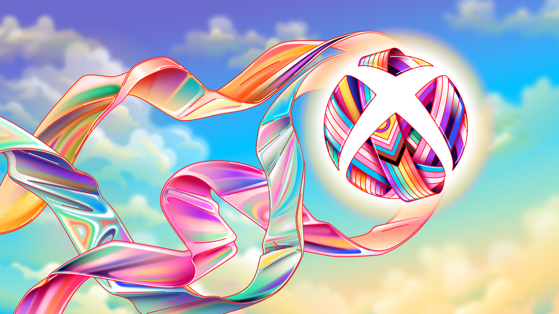 Stilisiertes Xbox-Logo im Zeichen des Pride mit bunten Schleifen, die sich um die Kugel auf einem pastellfarbenen Himmelshintergrund schlängeln.