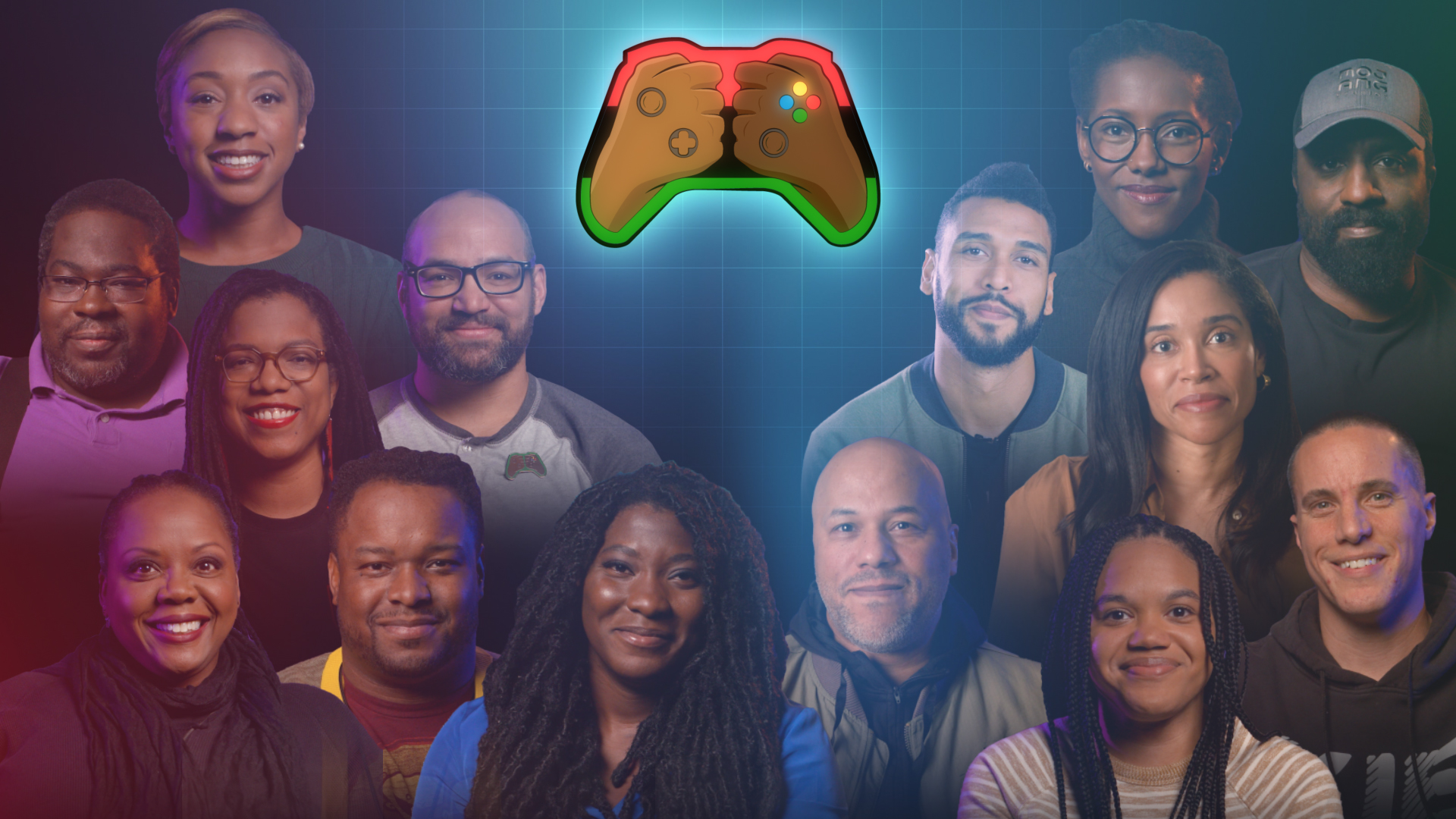 Ein Xbox-Controller mit zwei geschlossenen Händen mit unterschiedlichen Hauttönen und dem Schriftzug "Project Amplify" auf einem Hintergrund, der die Profilbilder von 14 Personen zeigt.