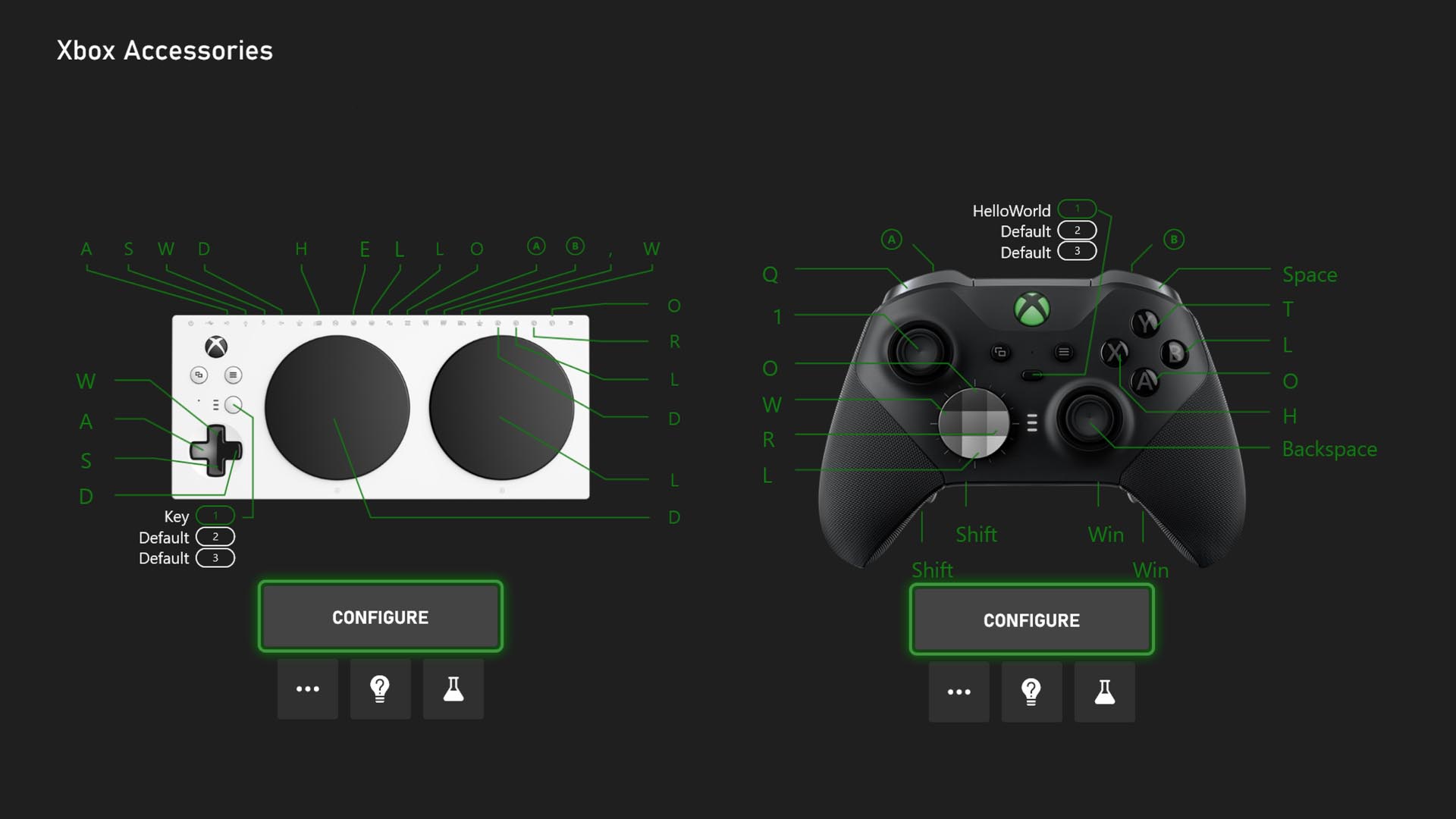 ALT TEXT: Ein "Xbox Zubehör"-Menü auf der Konsole zeigt verschiedene Konfigurationseinstellungen an, mit denen die Spieler*innen die Tasten für den Xbox Adaptive Controller und den Xbox Elite Series 2 Controller neu zuordnen können.