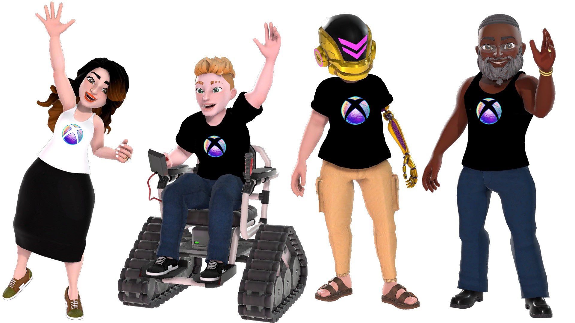 Vier Avatare mit dem neuen Xbox International Women's Day-Logo auf ihren Oberteilen, das die Xbox-Kugel in verschiedenen Farben und einer wasserähnlichen Textur zeigt.
