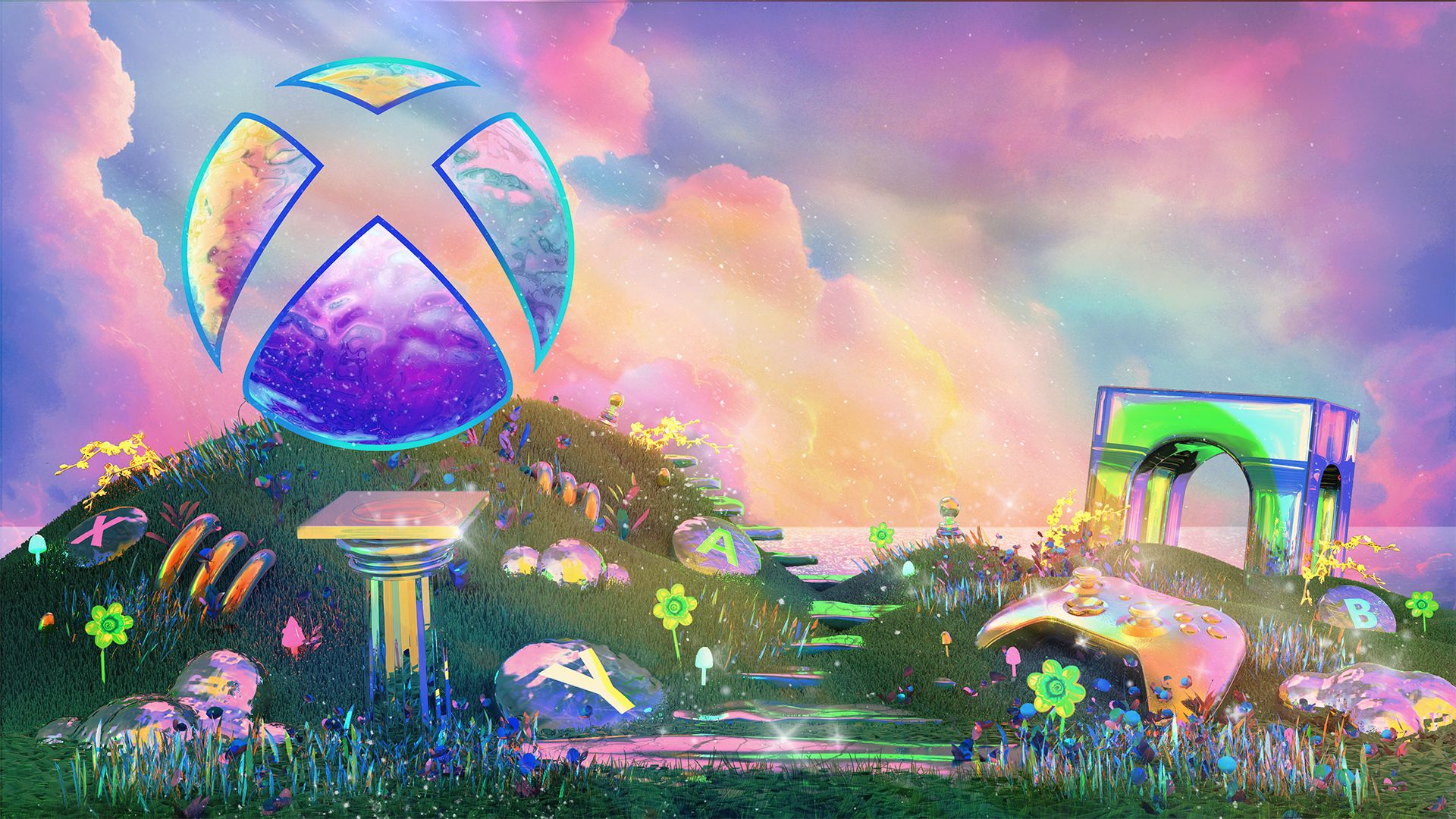 Eine magische, pastellfarbene Landschaft mit sanften Hügeln, dem Meer und der Sonne, die sich in den lila und rosa Wolken spiegelt. Oben links sitzt eine Xbox-Kugel, in der sich die Farbe des Himmels spiegelt. Schillernde Pflanzen, Säulen, Xbox-Tasten und Xbox-Controller sind über das Gras verstreut.