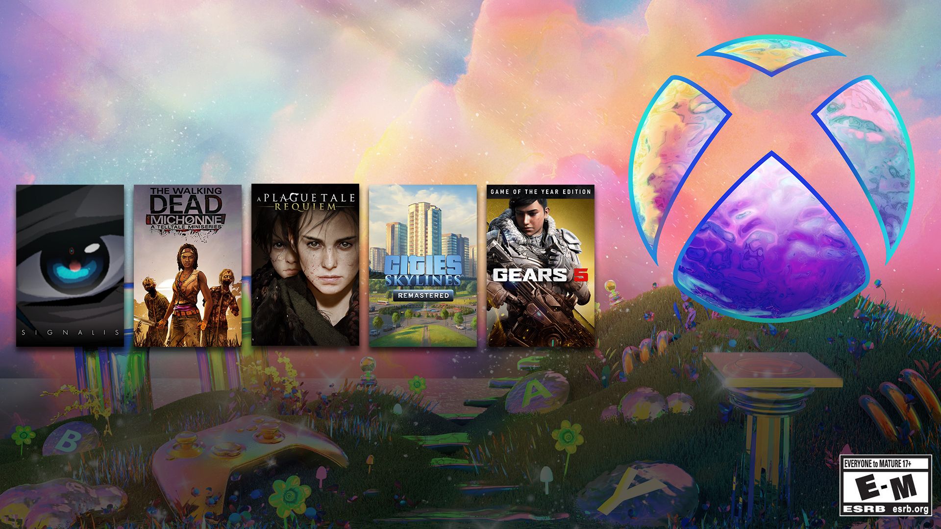 Eine Zusammenstellung von Spielekacheln der Spiele Signalis, The Walking Dead: Michonne, A Plague Tale: Requiem, Cities: Skylines Remastered und Gears 5 in einer pastellfarbenen Landschaft mit sanften Hügeln, direkt am Meer, mit einer großen Xbox-Kugel, die die bunten Farben des Himmels widerspiegelt.