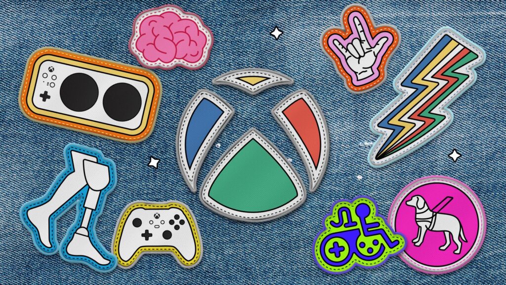 Das Xbox-Logo als Aufnäher auf eine Jeansjacke genäht. Das Xbox-Logo ist von anderen Aufnähern mit Symbolen für Barrierefreiheit umgeben, darunter das Logo des Xbox Adaptive Controllers, der Game Accessibility Joyrider, das Disability-Pride-Logo und weitere.