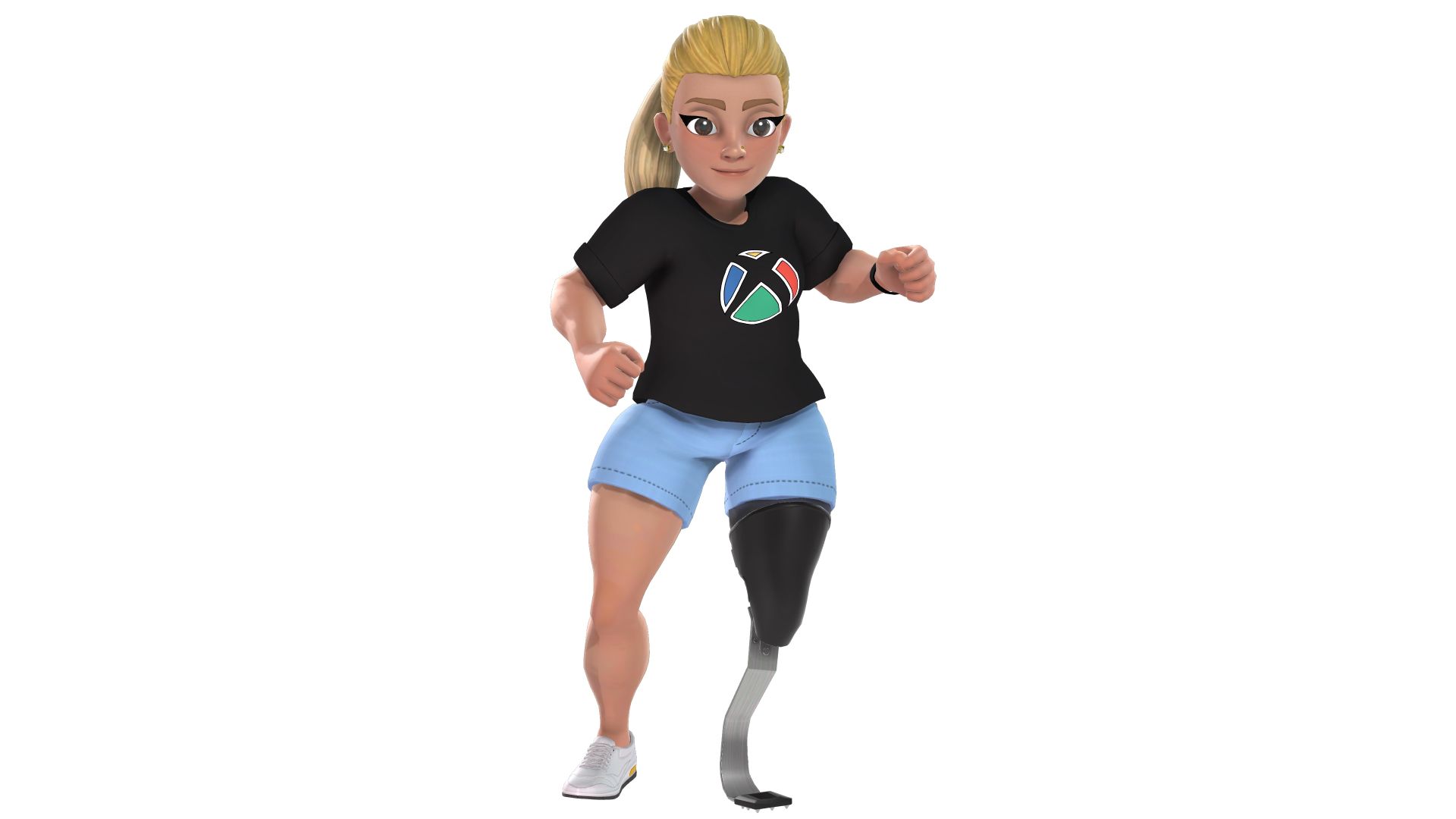 Eine hellhäutige Frau als Xbox-Avatar, die ein schwarzes kurzärmeliges T-Shirt mit dem Logo der Disability Pride-Kugel auf der Vorderseite und helle Denim-Shorts trägt.