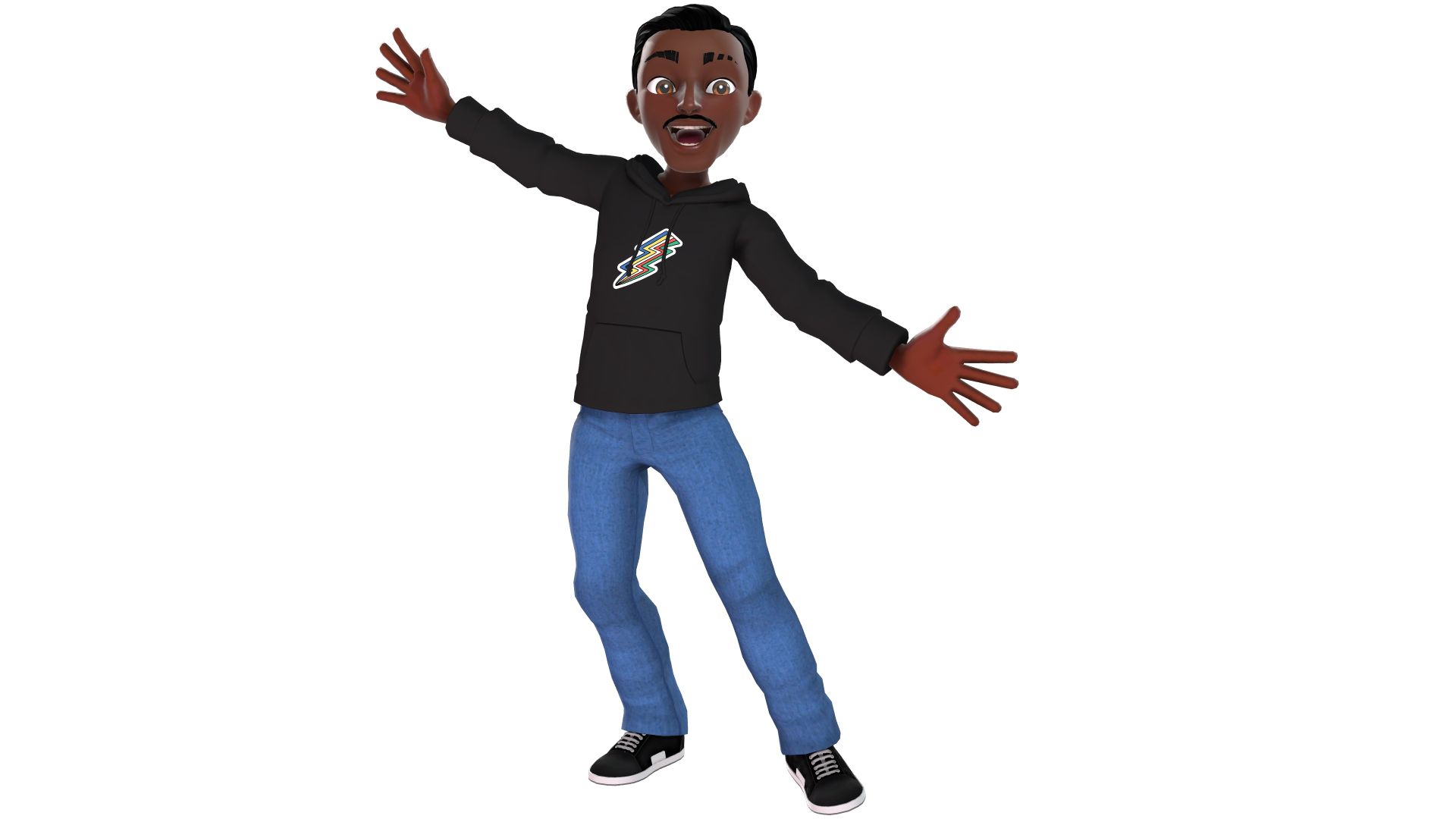 Ein Schwarzer Mann als Xbox-Avatar, der ein schwarzes langärmeliges T-Shirt mit dem Logo der Disability Pride-Kugel auf der Vorderseite und blaue Jeans trägt.