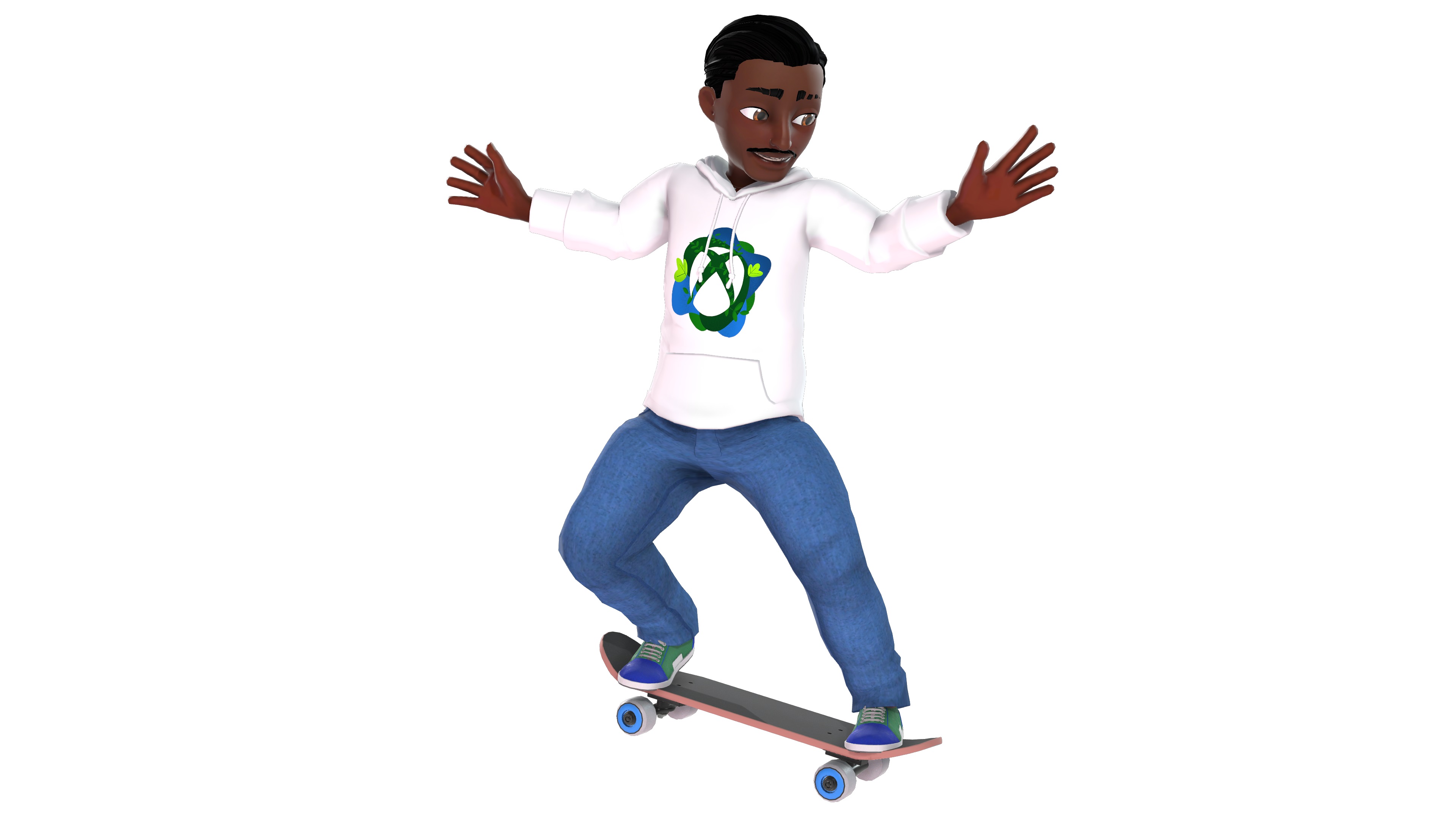 Ein Xbox-Avatar, der ein weißes Kapuzensweatshirt mit dem Xbox-Nachhaltigkeitslogo sowie eine Jeans trägt, während er auf einem Skateboard fährt.