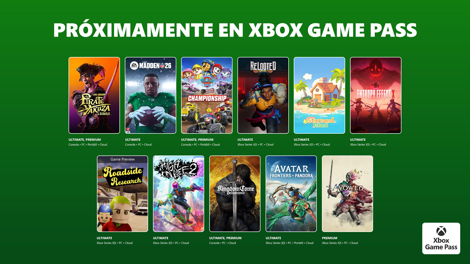 Próximamente en Xbox Game Pass: High on Life 2, Madden NFL 26, Avatar: Frontiers of Pandora y más