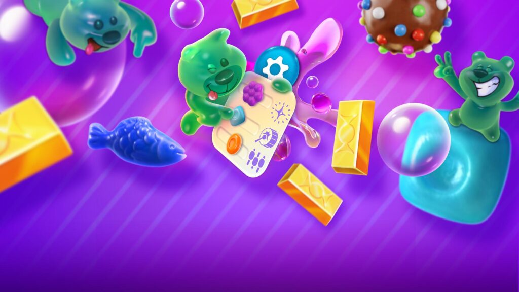 Un ours gélifié vert au soda explore les paramètres d’accessibilité pendant que d’autres ours s’amusent autour de lui (Candy Crush Soda Saga).