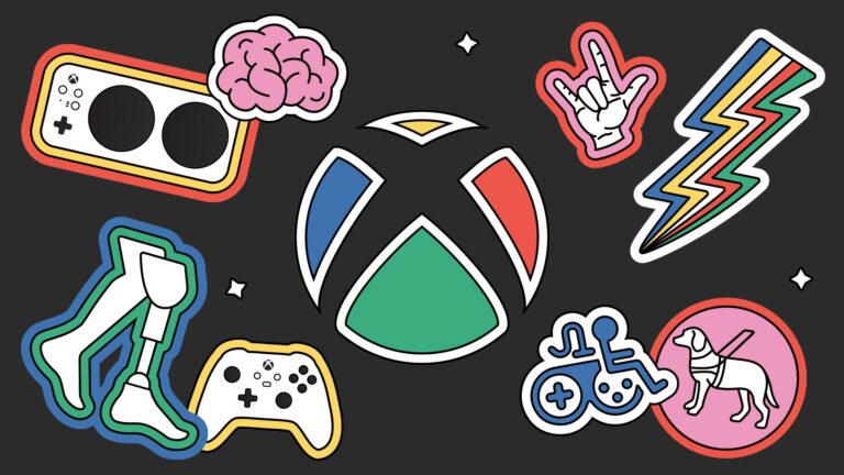 Un logo Xbox multicolore entouré d’illustrations stylisées représentant différents symboles liés à l’accessibilité dans les jeux vidéo.