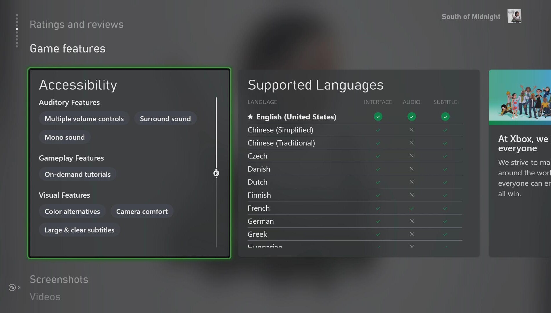 Résumé des balises de fonctionnalités d’accessibilité pour South of Midnight dans le Microsoft Store Xbox. Les balises incluent : « Réglages multiples du volume », « Son multicanal », « Son mono », « Tutoriels à la demande », « Alternatives aux couleurs », « Confort caméra » et « Sous-titres lisibles et de grande taille ». Une barre de défilement verticale indique qu’il existe d’autres balises.