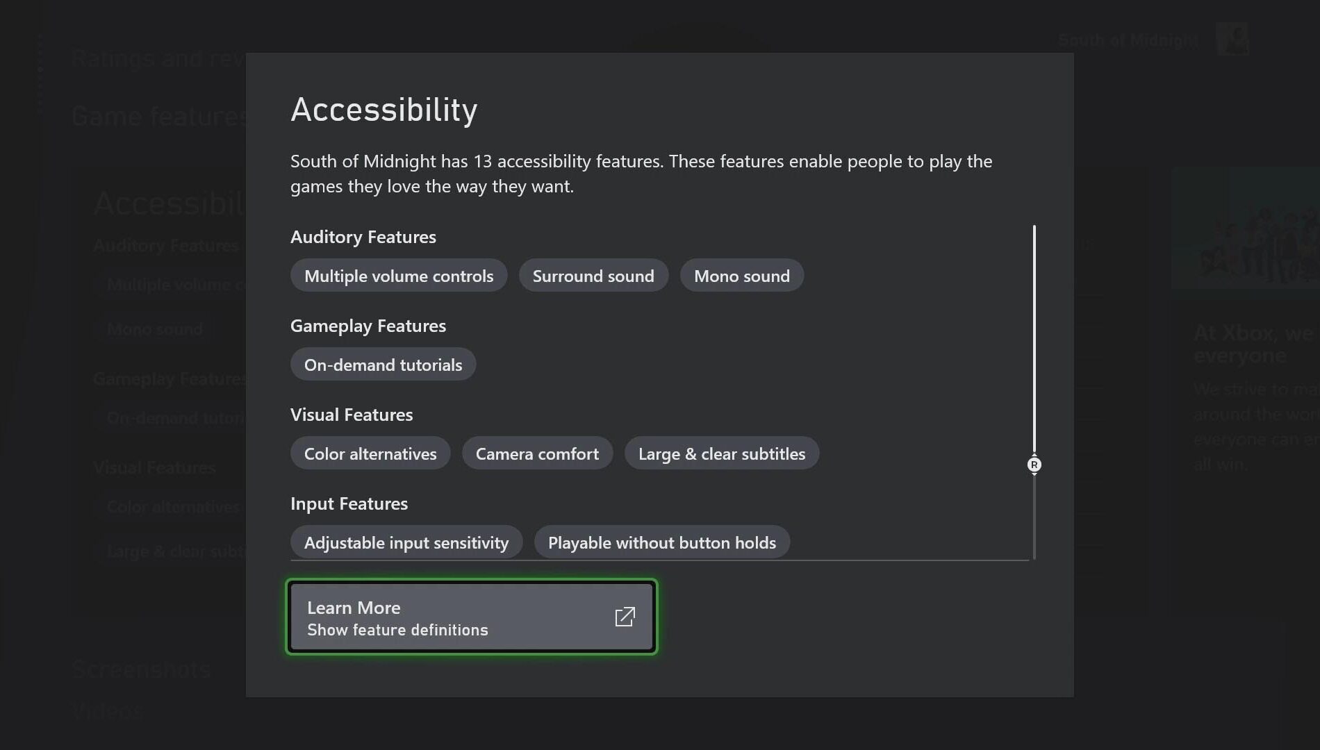 Écran d’information sur l’accessibilité du jeu South of Midnight sur Xbox. Le texte indique : « South of Midnight propose 13 fonctionnalités d’accessibilité. Ces fonctionnalités permettent aux joueurs de profiter des jeux qu’ils aiment, à leur façon. » Plusieurs tags d’accessibilité sont affichés sous ce message.