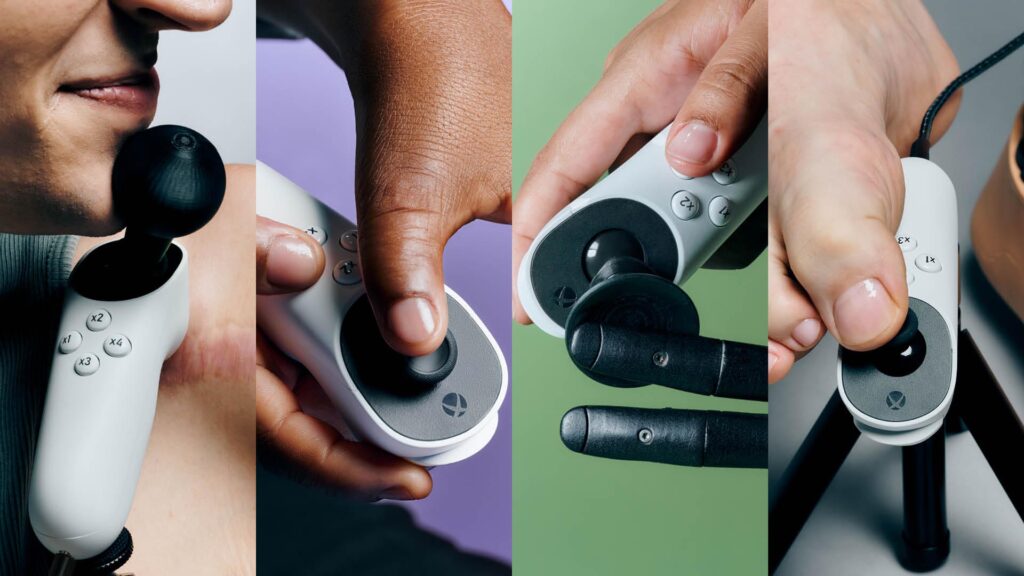 Photo illustrant les différentes manières d’utiliser la Manette Xbox Adaptive Joystickle joystick adaptatif Xbox – avec le menton, les orteils, les mains ou les bras.
