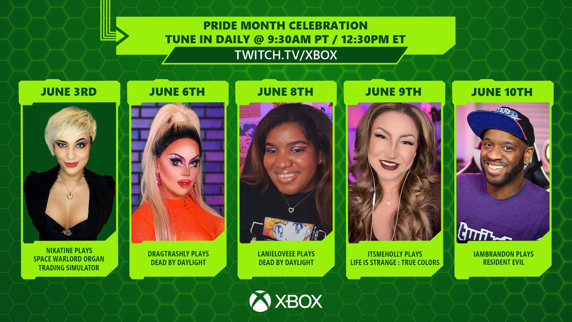 Imagem verde escura e clara com logotipos do Xbox com fotos de cinco streamers – Nikatine, Dragtrashly, Lanieloveee, Itsmeholly e IamBrandon.