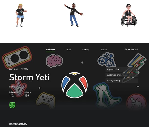 Texto alternativo (mulher à esquerda): Uma mulher branca de avatar do Xbox vestindo uma camiseta preta de manga curta com o logotipo da esfera Orgulho das Pessoas Com Deficiência na frente e shorts jeans claros. Texto alternativo (homem no centro): Um avatar do Xbox Homem negro vestindo uma camiseta preta de manga comprida com o logotipo da esfera do Orgulho das Pessoas Com Deficiência na frente e calça jeans. Texto alternativo (mulher em cadeira de rodas à direita): Uma mulher branca de avatar do Xbox sentada em uma cadeira de rodas usando uma regata preta com o logotipo da esfera Orgulho das Pessoas Com Deficiência e shorts pretos. Texto alternativo: Um perfil de conta do console Xbox mostrando a esfera do mês do orgulho da deficiência colorida com vermelho, verde, azul e amarelo e o tema de perfil complementar que mostra os seguintes ícones: o Controle Adaptável Xbox, um cérebro, o sinal da Língua Americana de Sinais para "Eu Te Amo", um raio, uma cadeira de rodas, um cão-guia, pernas protéticas e o controle original do Xbox. 