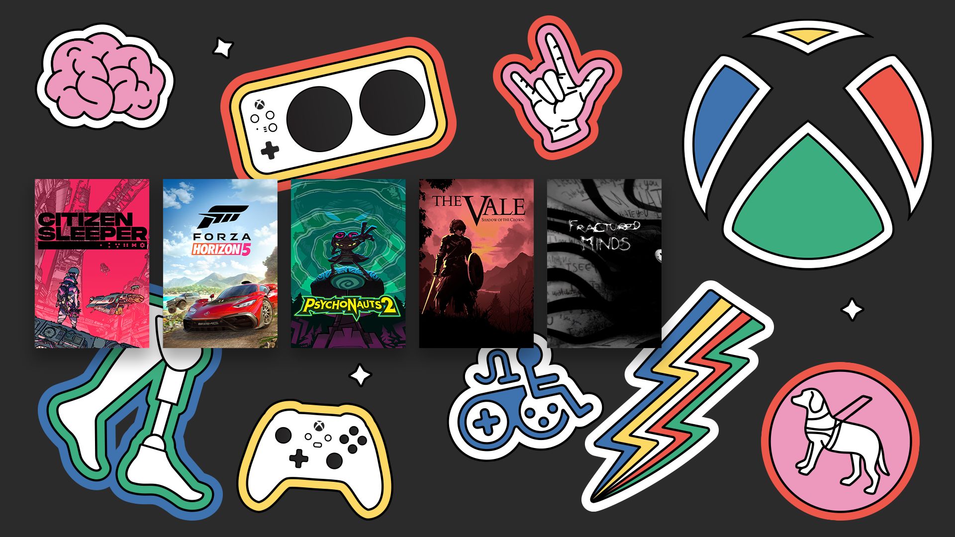 Quatro imagens de títulos de jogos do Xbox ficam em um pano de fundo preto cercado pelos seguintes ícones: o Xbox Controle Adaptável, um cérebro, o sinal de Língua de Sinais Americana para eu te amo, um raio, uma cadeira de rodas, um cão-guia, prótese pernas e o controle original do Xbox. Os títulos incluem Citizen Sleeper, Forza Horizon 5, The Vale e Fractured Minds. 