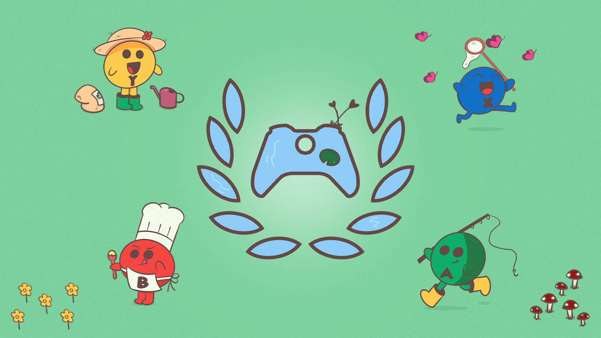 O controle do Xbox Ambassadors e o logotipo da folha de louro em um estilo de desenho animado com um fundo de lagoa azul e uma vitória-régia verde cercado por quatro caracteres de botão. O botão vermelho “B” está usando um chapéu de chef branco e segurando uma colher de pau, o botão “Y” amarelo tem um saco de terra e um regador, o botão “X” azul está perseguindo borboletas rosa com uma rede e o botão verde “A” está segurando uma vara de pescar.