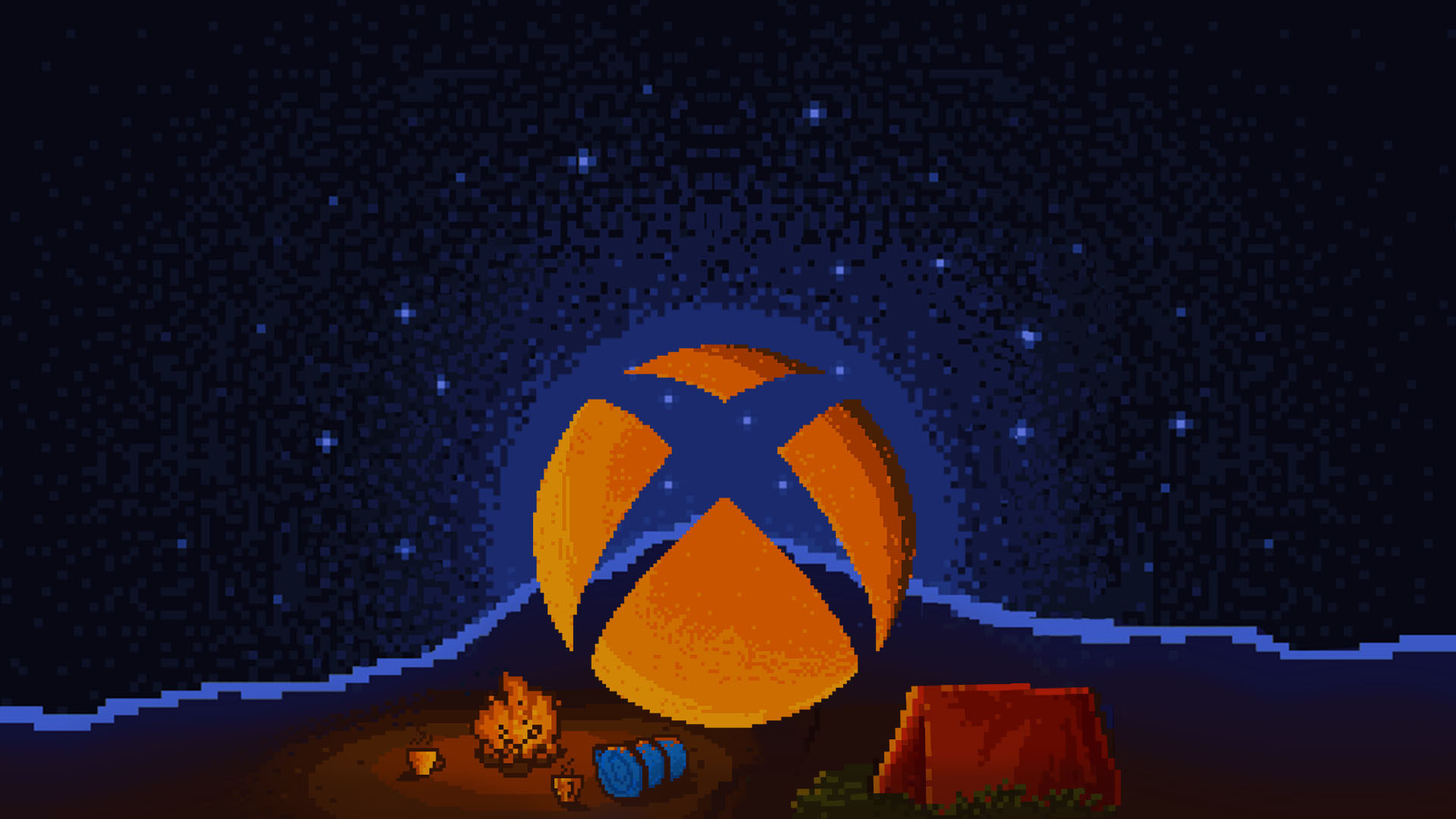 Uma esfera laranja do Xbox com uma barraca laranja, fogueira, duas canecas laranja e um rolo de cama azul com um céu azul cheio de estrelas ao fundo no estilo dos jogos retrô de 16 bits.