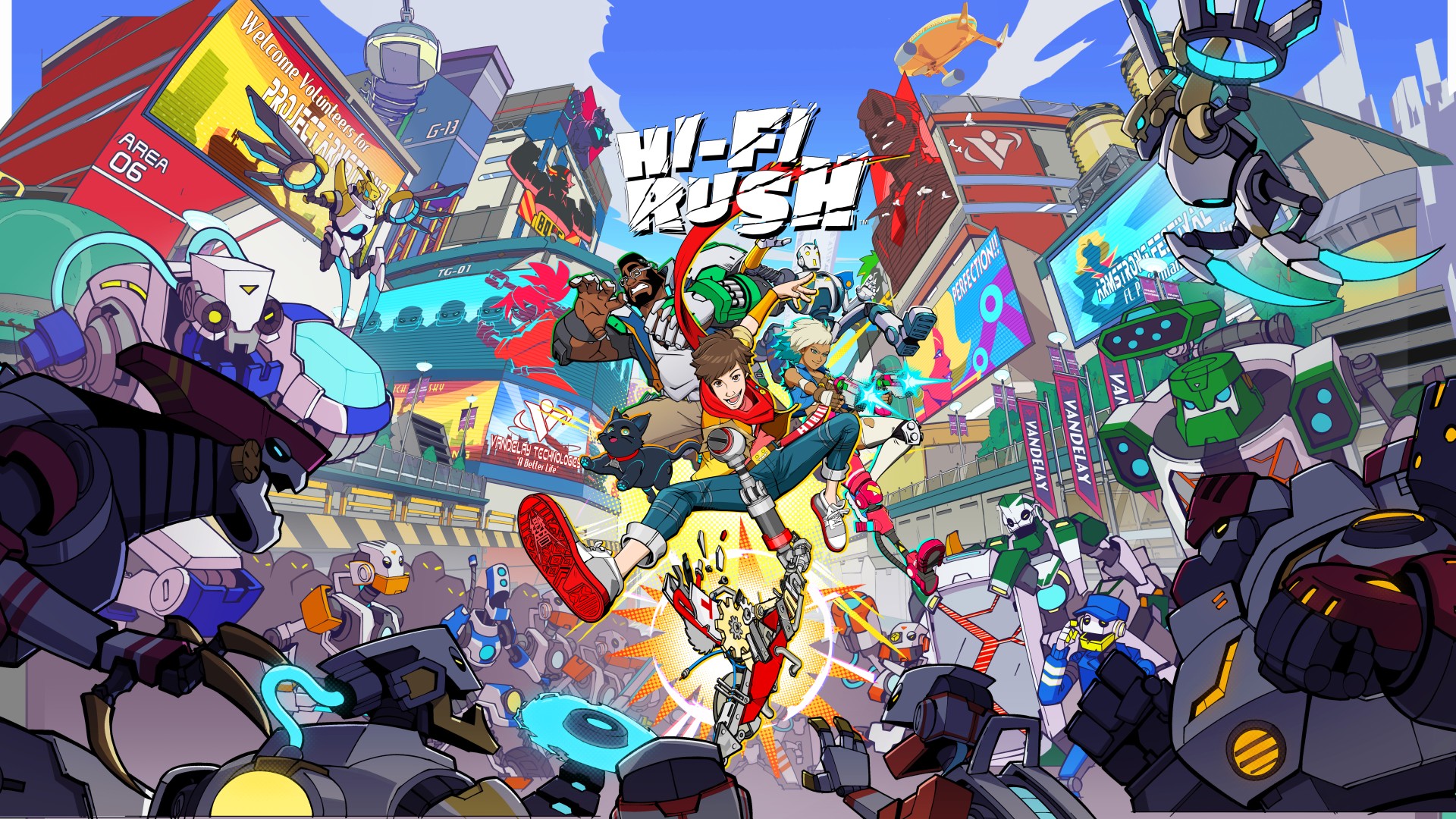 arte de Hi-Fi Rush, com Chai e seu bando de amigos enfrentando uma horda de robôs malignos!