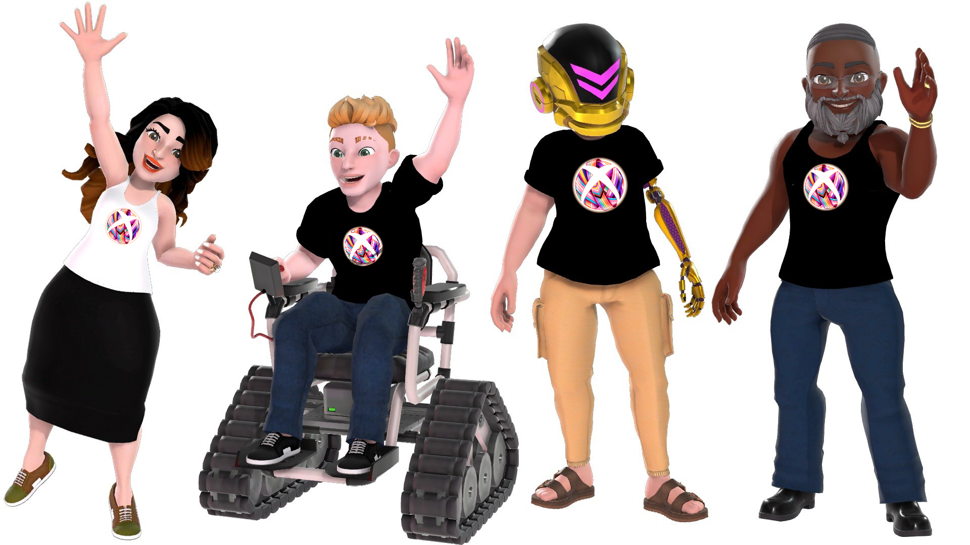 Quatro personagens de avatar vestindo tops exibindo o logotipo estilizado da bola de fita colorida do Xbox em apoio ao Orgulho