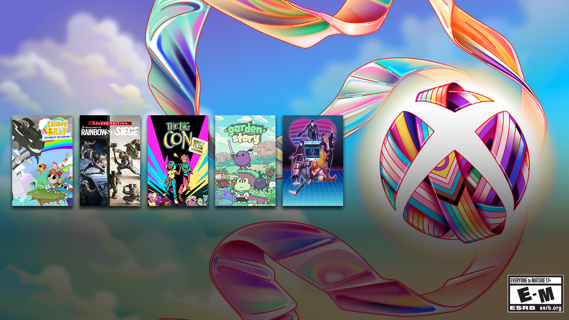 Imagem de compilação com a arte da caixa de Rainbow Billy: The Curse of Leviathan, Tom Clancy's Rainbow Six Siege, The Big Con, Garden Story e Arcade Spirits: The New Challengers com o logotipo estilizado da bola de fita do Xbox no fundo.