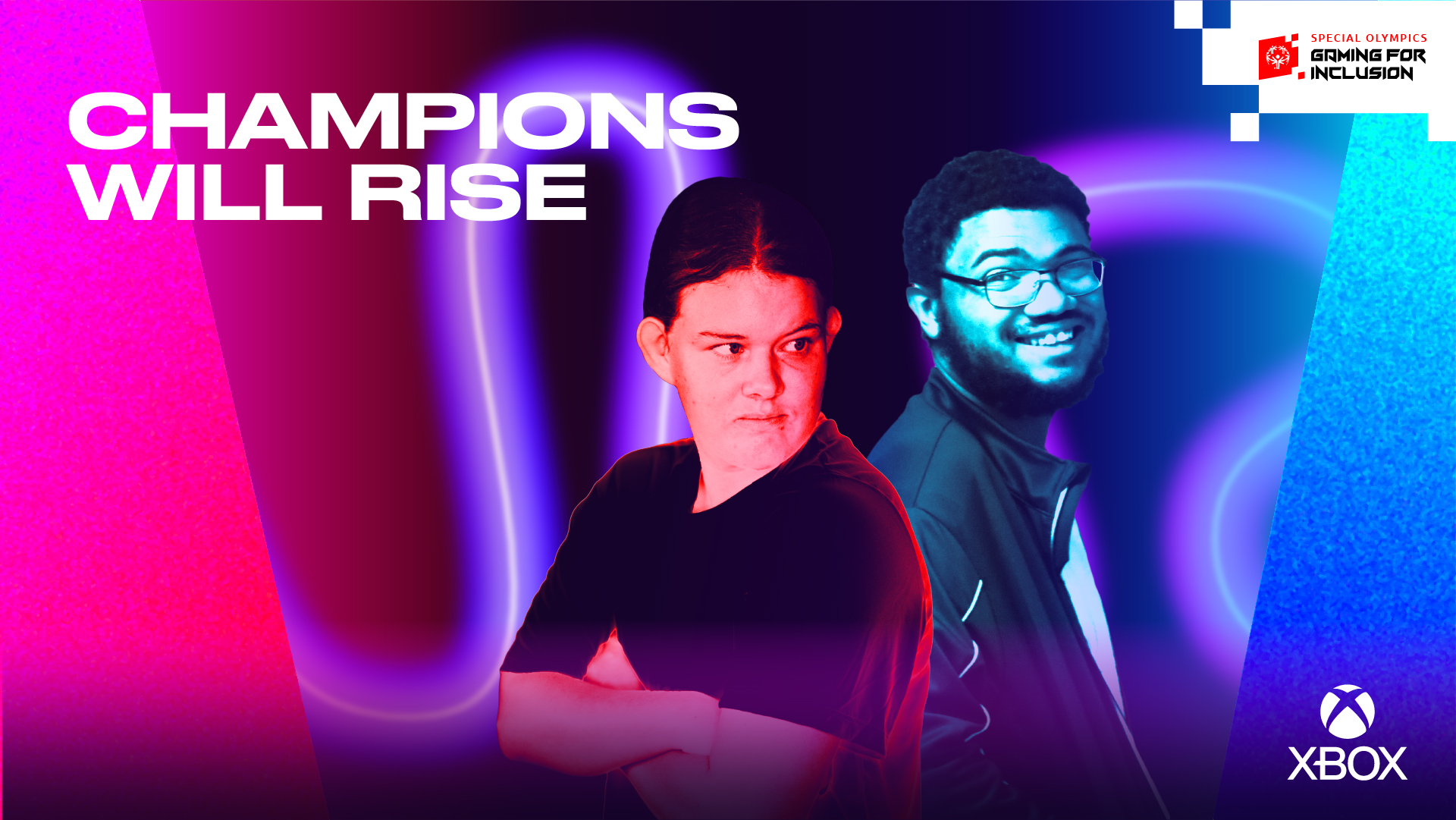 Duas atletas da Special Olympics aparecem na frente de um fundo abstrato com as palavras "Campions Will Rise" e os logos Gaming for Inclusion e Xbox