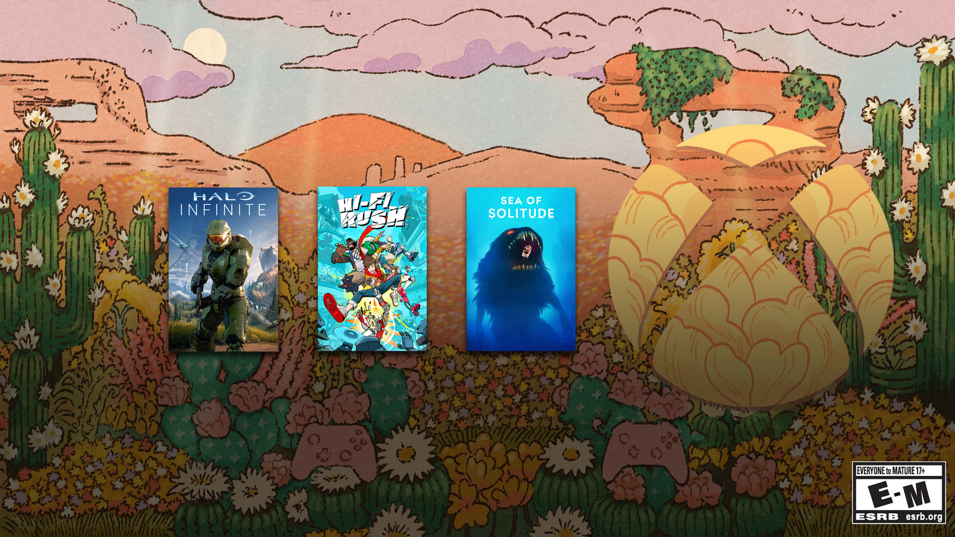 Uma imagem de compilação com a arte da capa dos jogos Halo Infinite, Hi-Fi RUSH e Sea of Solitude, incluindo o logotipo estilizado do Xbox com um padrão de pétalas florais laranja em um cenário de deserto florescente incluindo cactos com flores em tons de rosa, amarelo e branco, e dois controles do Xbox na cor rosa