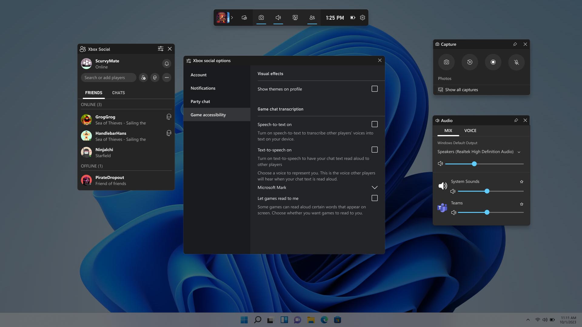 um menu no PC exibe o Menu de Configurações de Acessibilidade do Jogo para Xbox Widget na Game Bar