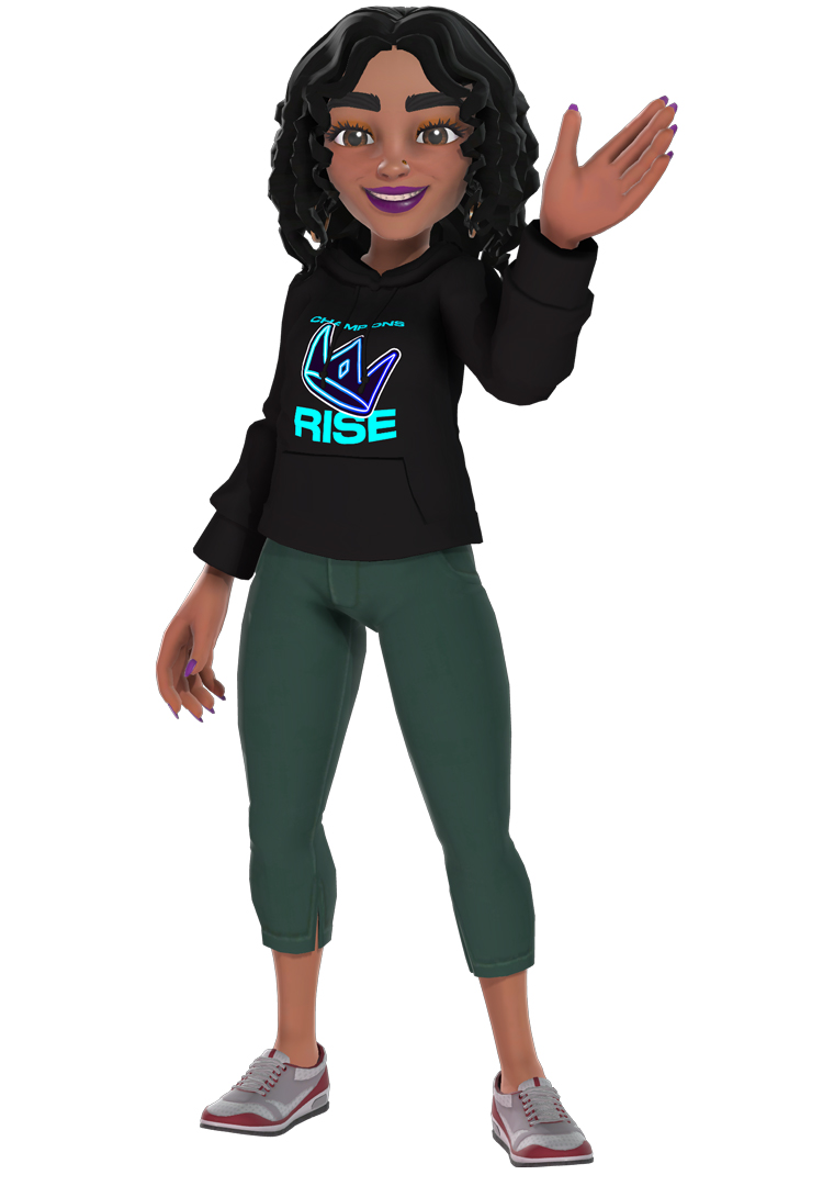 Um avatar do Xbox usando um moletom preto com uma coroa azul e as palavras 'CHAMPIONS RISE'