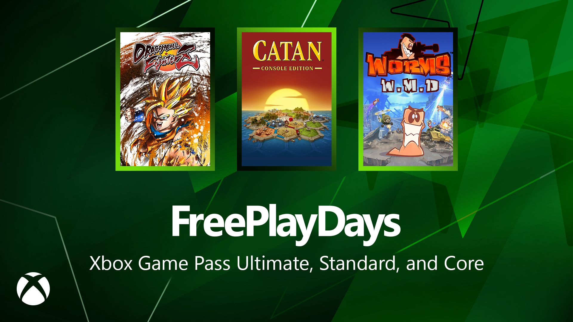 Imagem com a capa dos jogos Dragon Ball Fighterz, Catan e Worms