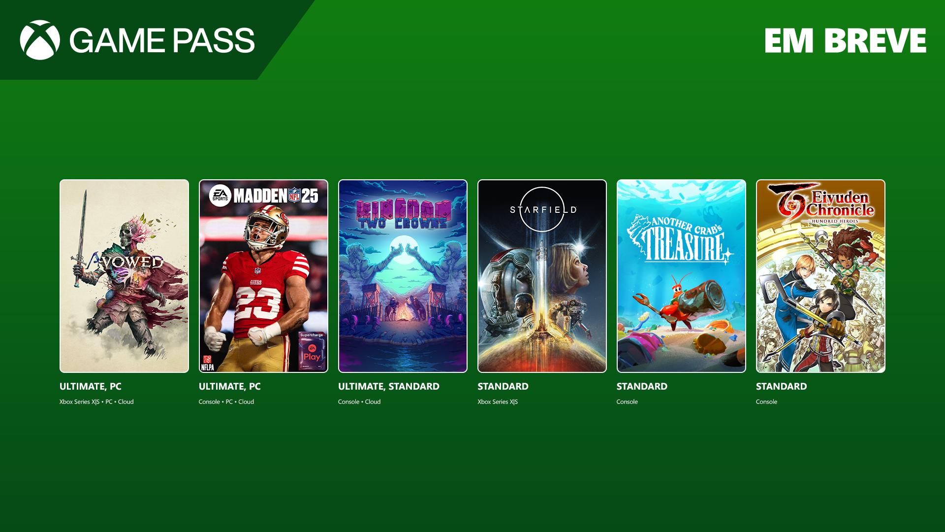 imagem com a capa de seis jogos: Avowed, Madden NFL 25, Kingdom Two Crown, Starfield, Another Crab's Treasure