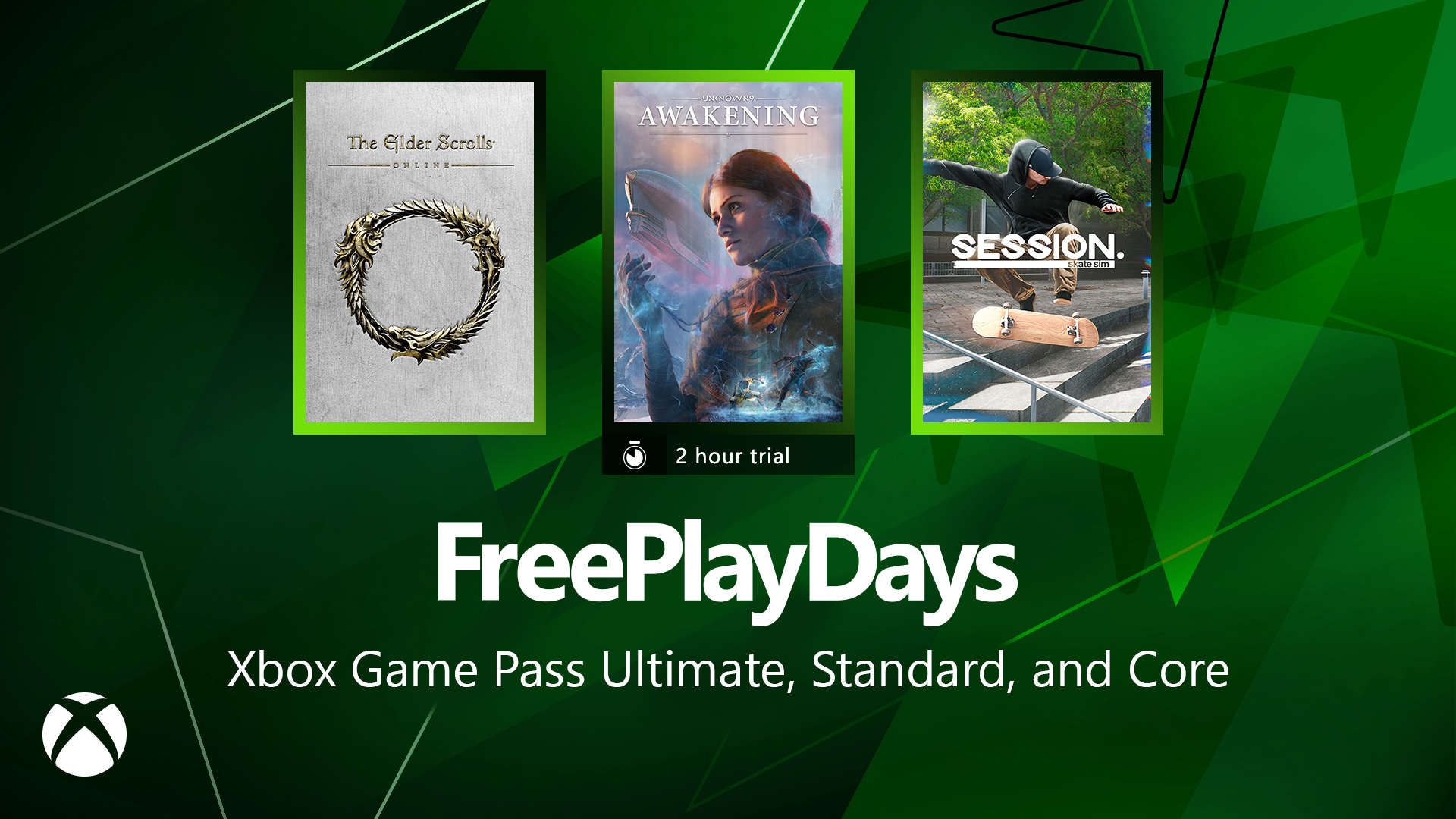 Imagem com as capas do jogos The Elder Scrolls Online, Unknown9 e Sessions Skate Sim
