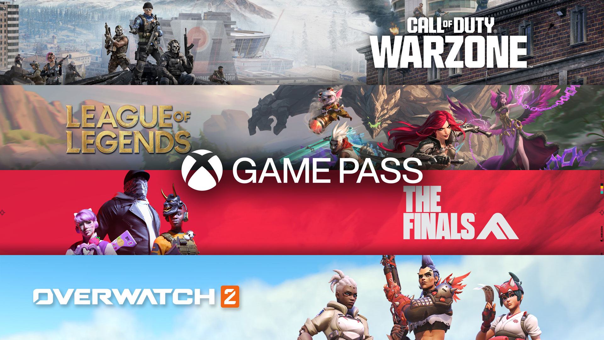 Imagem com os jogos Call of Duty Warzone, League of Legends, The Finals e Overwatch 2