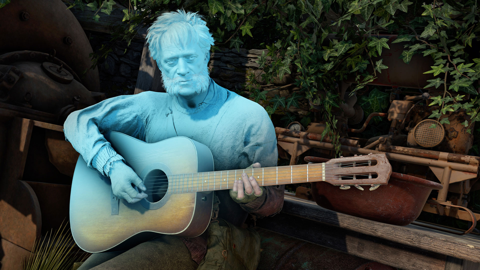 Imagem de Atomfall. Um homem está tocando um violão. Ele está com tom azul mostrando uma das funcionalidade de acessibilidade do game