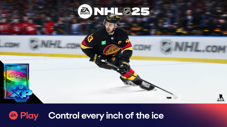 Iagem de destaque do EA Play com um jogador de hockey fazendo uma curva no gelo tocando um disco. No topo NHL25 e no rodapé EA Play control every inch of the ice escrito.
