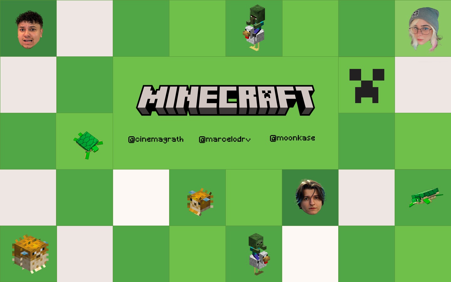 Imagem de Minecraft com diferentes MOBs e rostos dos criadores de conteúdo