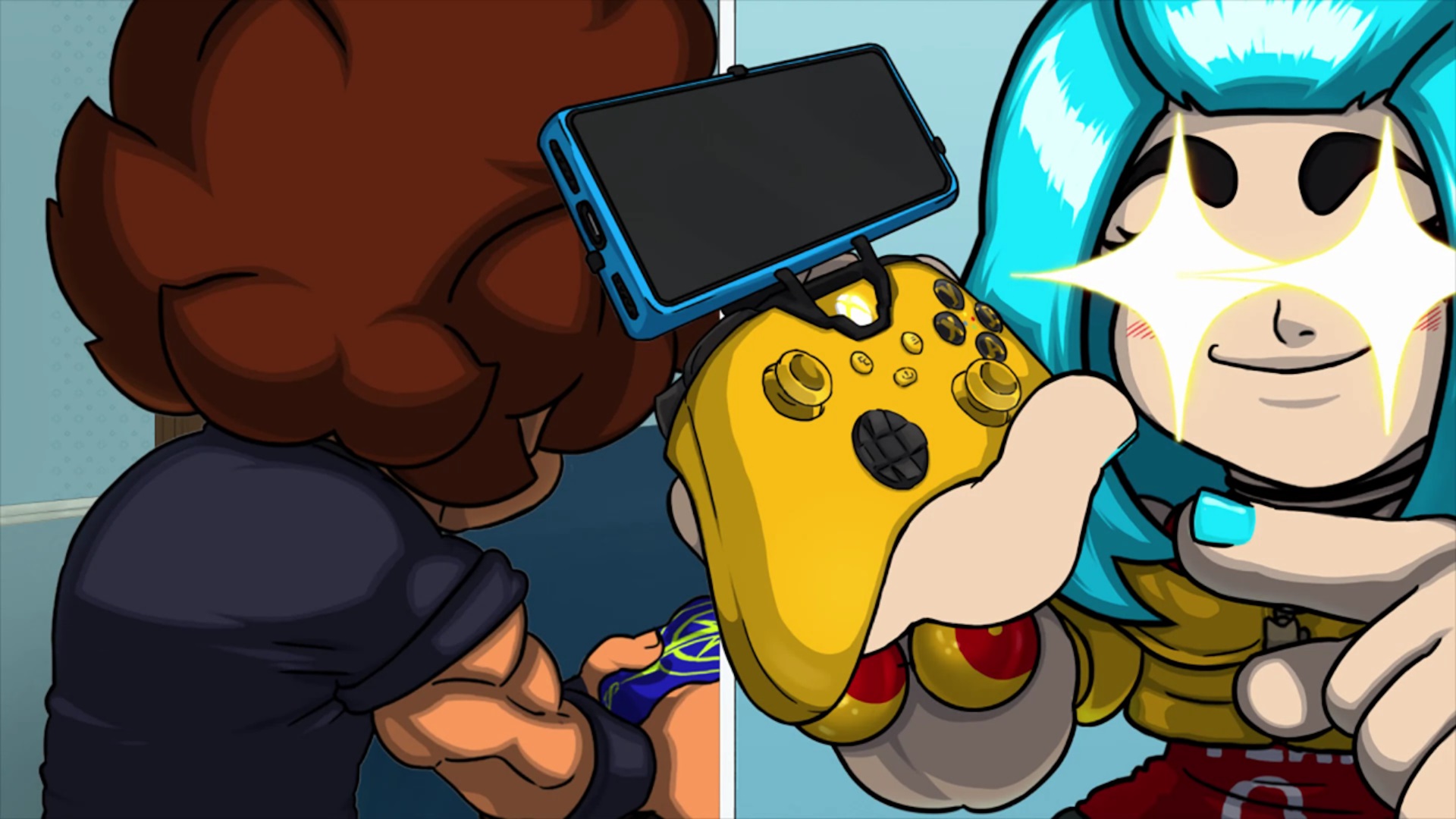 Imagem do jogo Pocket Bravery. Uma personagem feminina de cabelo azul está segurando um controle de Xbox dourado que está acoplado a um smartphone. Ao lado um personagem masculina está de costas
