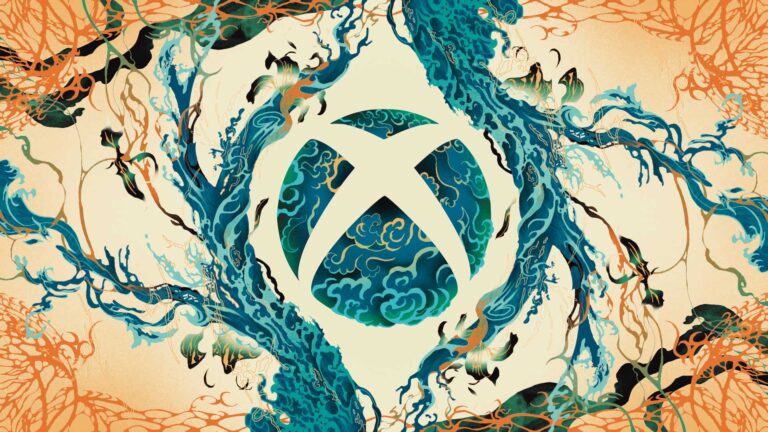logo estilizado de Xbox em celebração ao Mês da Herança Asiática e das Ilhas do Pacífico, apresentando uma esfera com água azul e um fundo com estruturas abstratas azuis e laranja com aparência de raízes