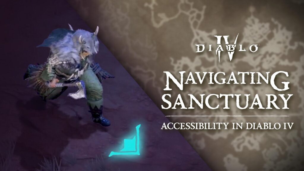 uma imagem recortada de um Druida correndo no jogo, com uma seta azul brilhante indicando a direção da corrida e um mapa de Santuário. Sobreposta na parte superior está o logo de Diablo IV e o título: “Navigating Sanctuary: Accessibility in Diablo IV.”