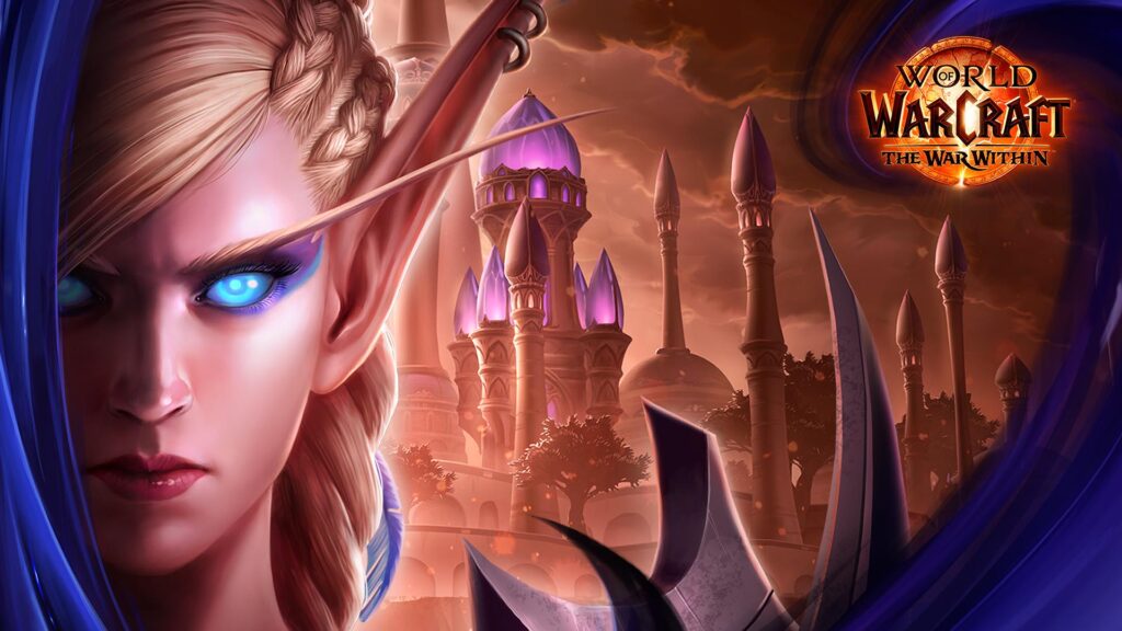 uma ilustração do rosto de Alleria em frente à cidade de Dalaran, emoldurada por fumaça roxa estilizada. O logotipo do World of Warcraft: The War Within está imposto no canto superior direito